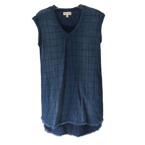 CLOTH & STONE | Blue Chambray Quilted Frayed Hem Short Sleeve Dress High Low